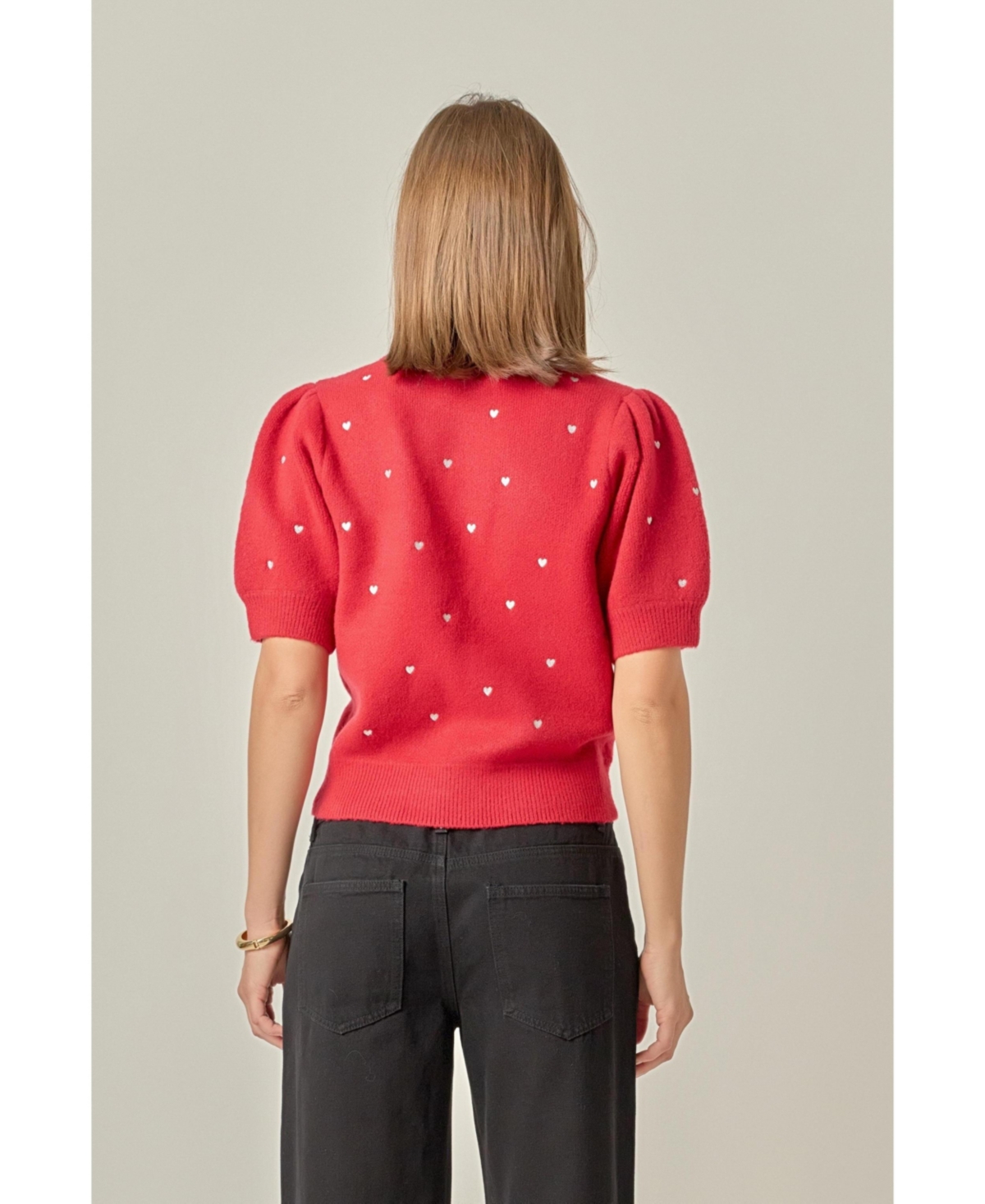 English Factory Women's Heart Women's-Embroidered Puff Sleeve Knit