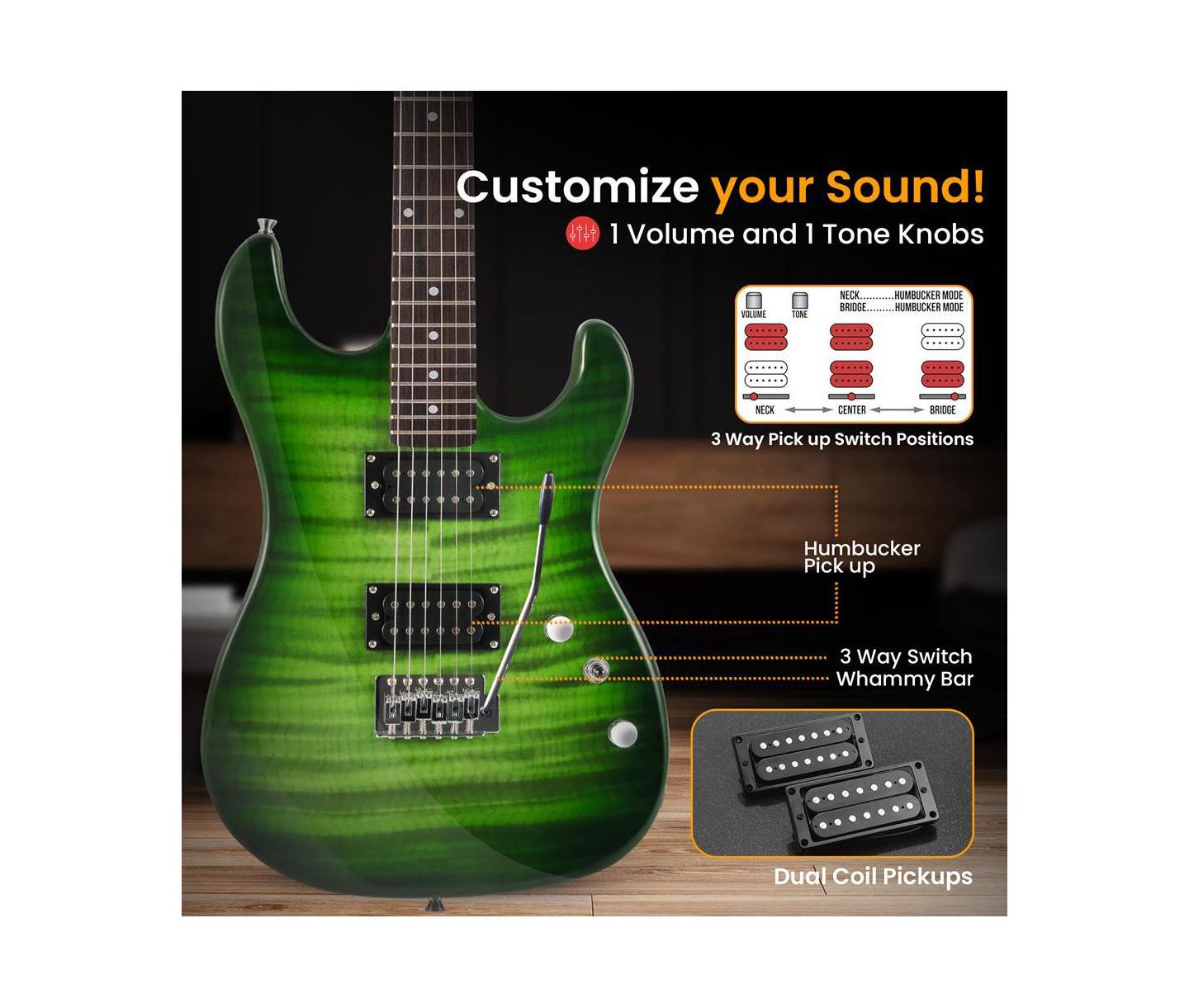 Детские игрушки Pyle 6-String Electric Guitar Beginner Starter Kit, Ages 11+, цвет: Зелёный — фото 5