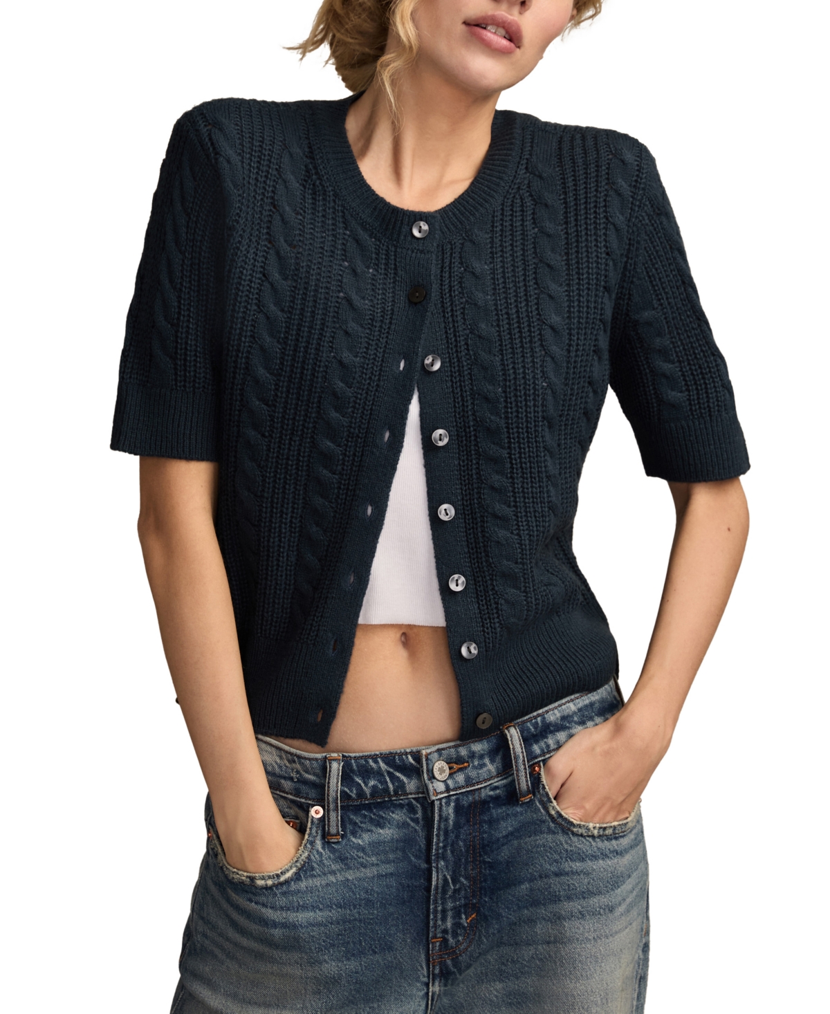 Lucky Brand Women's Short-sleeve Cable Cardigan In Blue