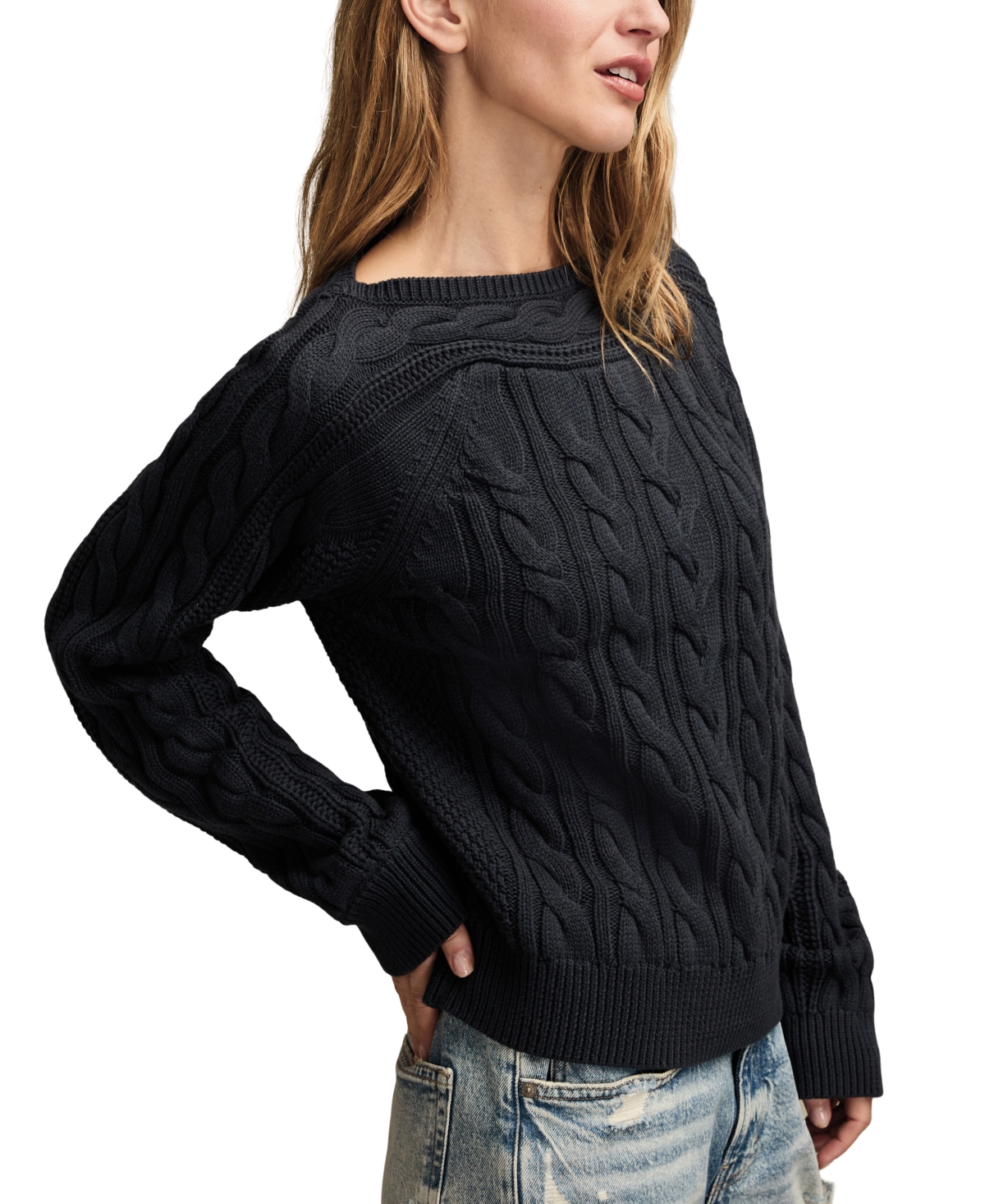 Lucky Brand Women's Boat Neck Cable Sweater In Black