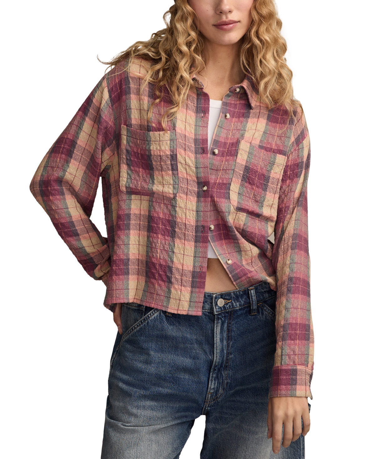 Lucky Brand Women's Cropped Plaid Drapey Long-sleeve Shirt In Pink