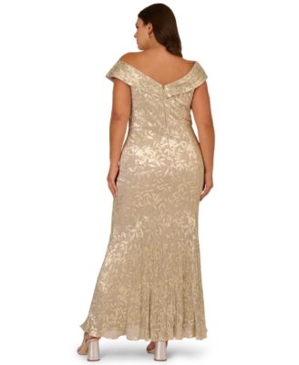 Plus Size Foil Leaf Mermaid Off-The-Shoulder Gown