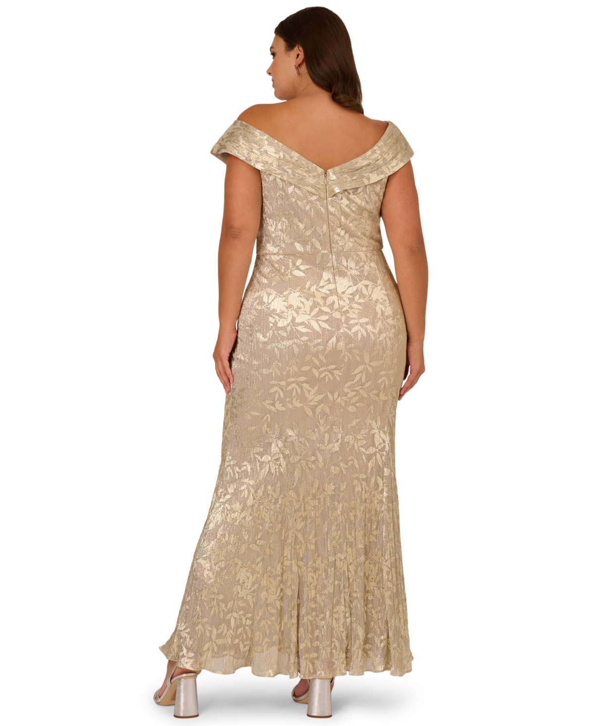Adrianna Papell Plus Foil Leaf Mermaid Off-The-Shoulder Gown