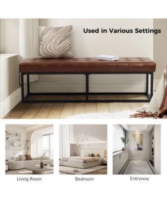 Narciso 60" Wide Bedroom Bench with Genuine Leather Top Cushion and Metal Base