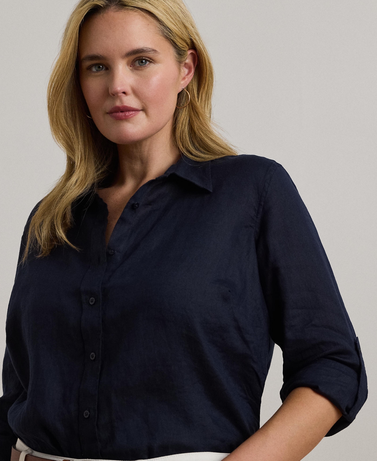 Ralph Lauren Plus Size 100% Linen Roll-tab Shirt In Blue