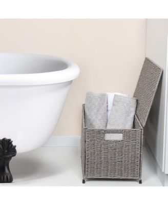 Small Woven Paper Rope Storage Chest with Hinged Lid and Integrated Handles, Grey