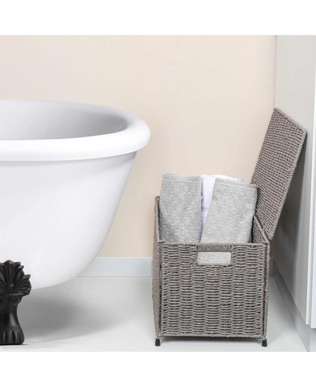 Household Essentials Small Woven Paper Rope Storage Chest with Hinged Lid and Integrated Handles, Grey