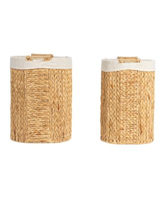 Handwoven Water Hyacinth Oval Hamper Set with Cotton Lining, Set of 2