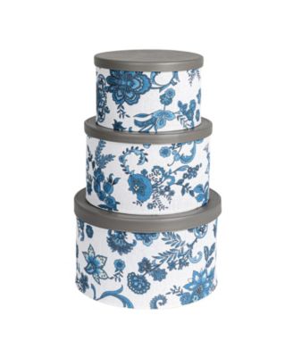 Floral Nestable Hat Boxes with Lids, Cream and Blue, Set of 3