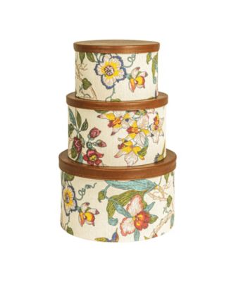 Floral Nestable Hat Boxes with Lids, Cream and Blue, Set of 3
