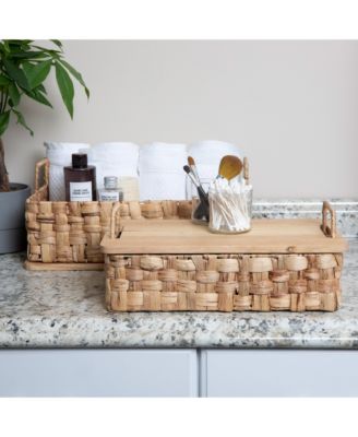 Stackable Hyacinth Baskets with Oak Lids, Set of 2