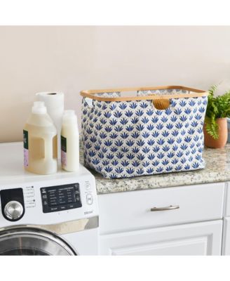 Bamboo Rimmed Krush Container Basket with Cut Out Handles, Tan Chevron