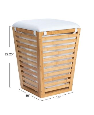 Slatted Natural Hamper with Cushioned Lid and Removable Cotton Bag, Natural