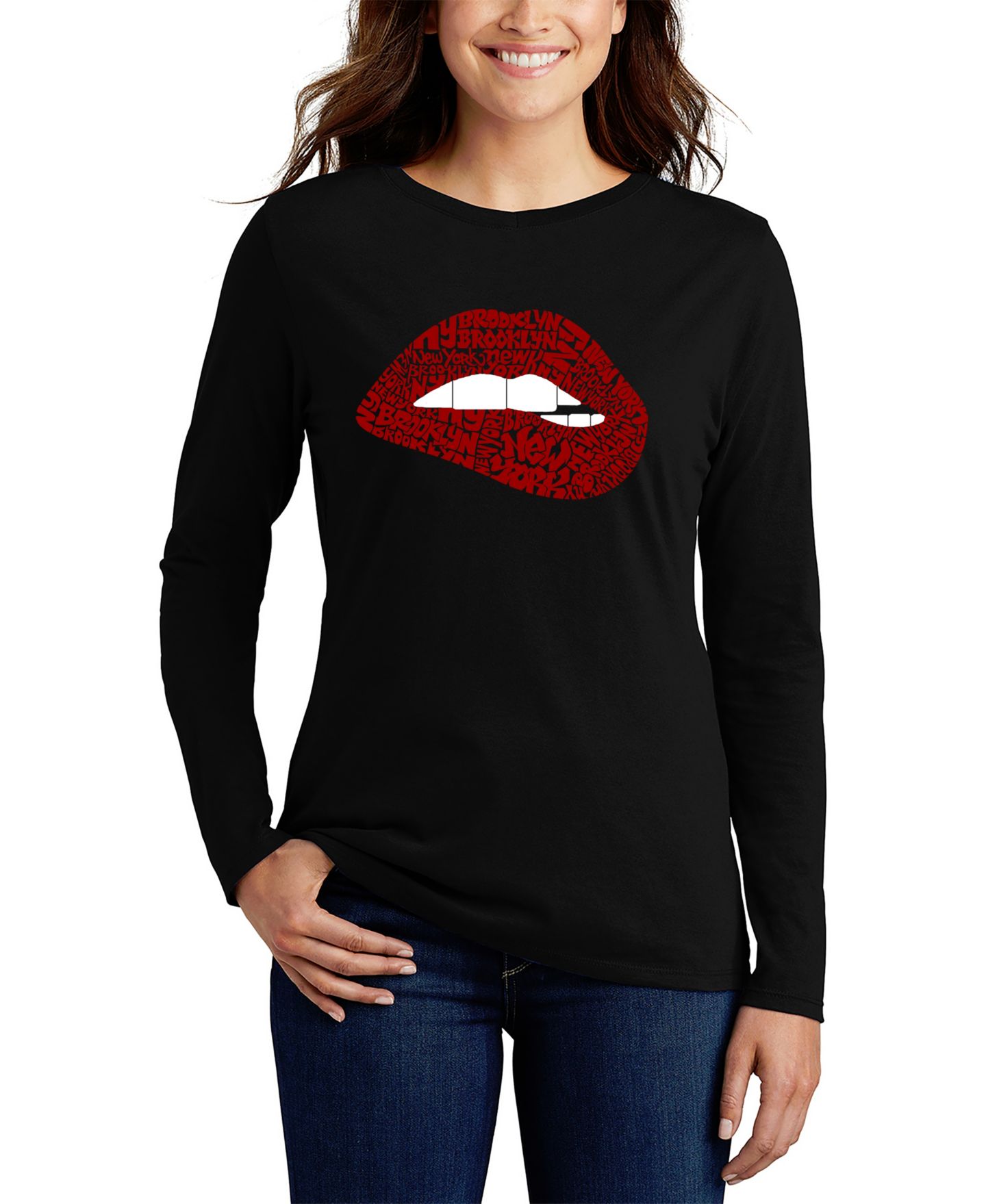 Женская футболка LA Pop Art Brooklyn Lips Word Art Long-Sleeve, цвет: Чёрный — фото 1