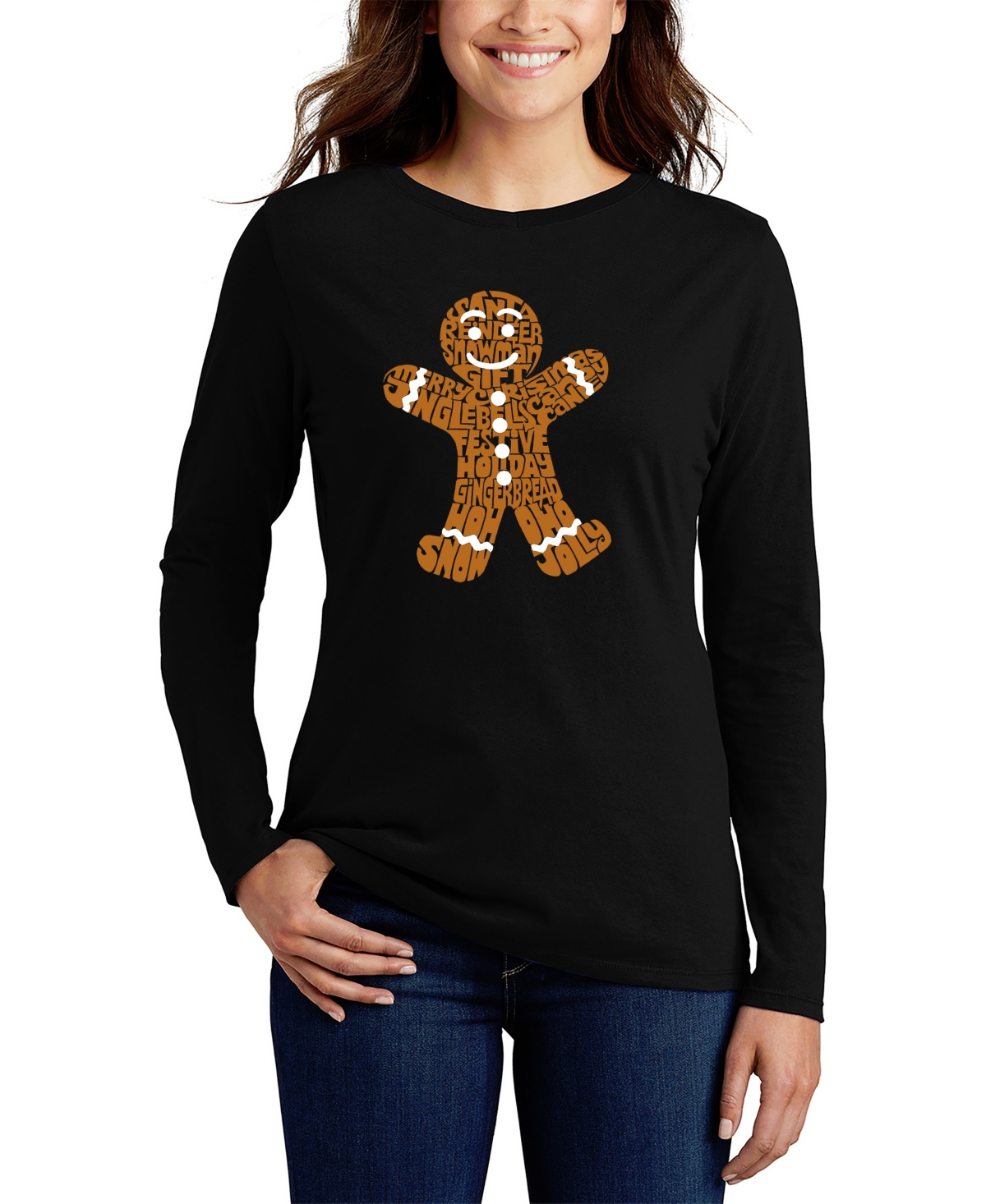 La Pop Art Women's Gingerbread Word Art Long Sleeve T-shirt In Black