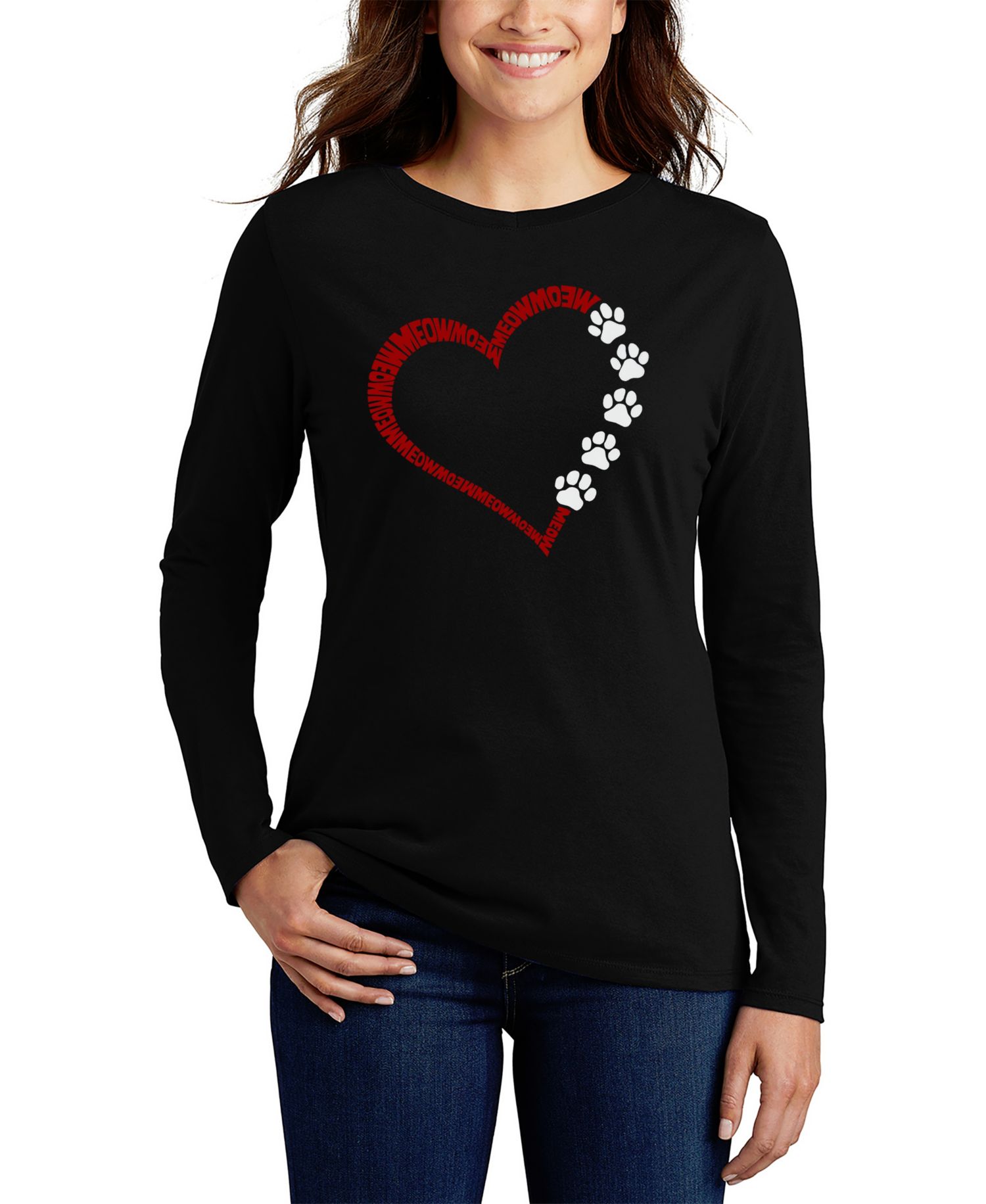 Women's Meow Heart Word Art Long-Sleeve T-Shirt