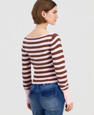 Juniors' Boat-Neck High Rib Start Striped Sweater