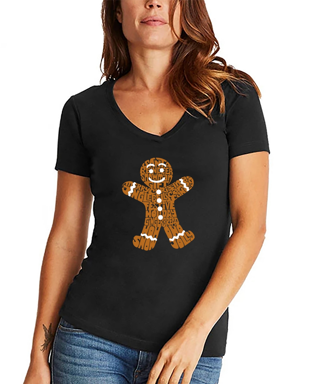 La Pop Art Women's Gingerbread Word Art V-neck T-shirt In Black