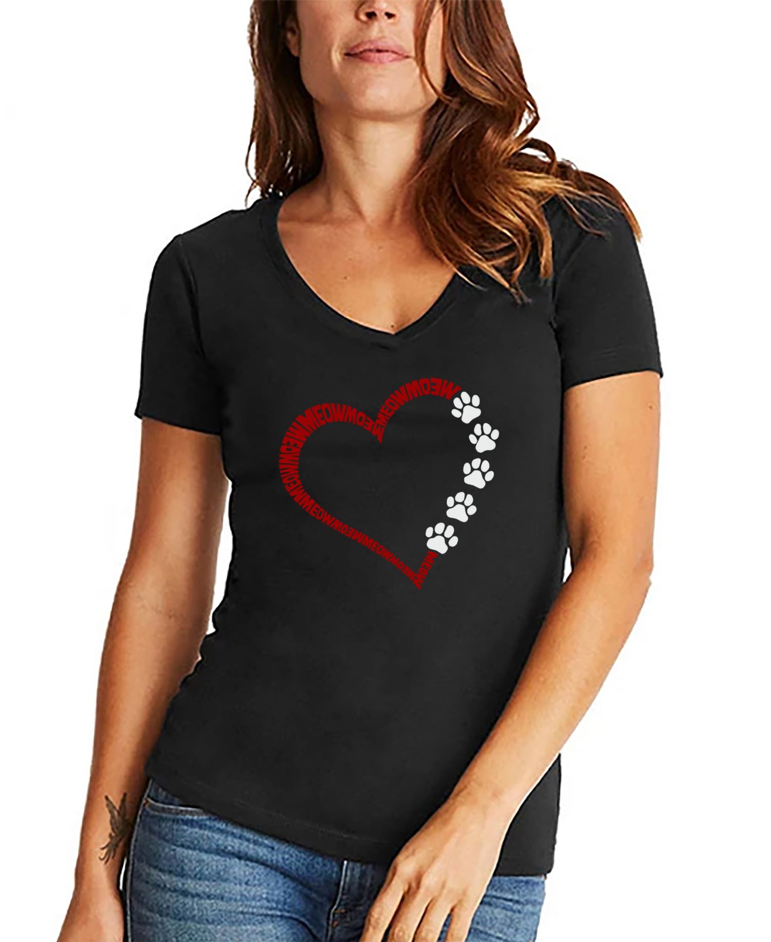 Women's Meow Heart Word Art V-Neck T-Shirt