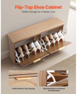 Entryway Shoe Bench with Flip Drawer and Rattan-Style Rack