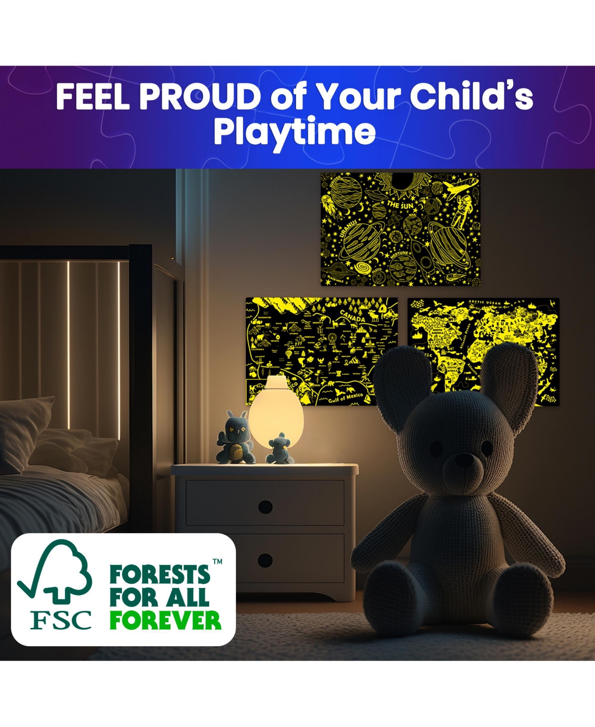 Quokka 100 Puzzles for Kids Ages 4-8 – Glow-in-The-Dark Usa Map World Map and Solar System – Geography Learning Toys