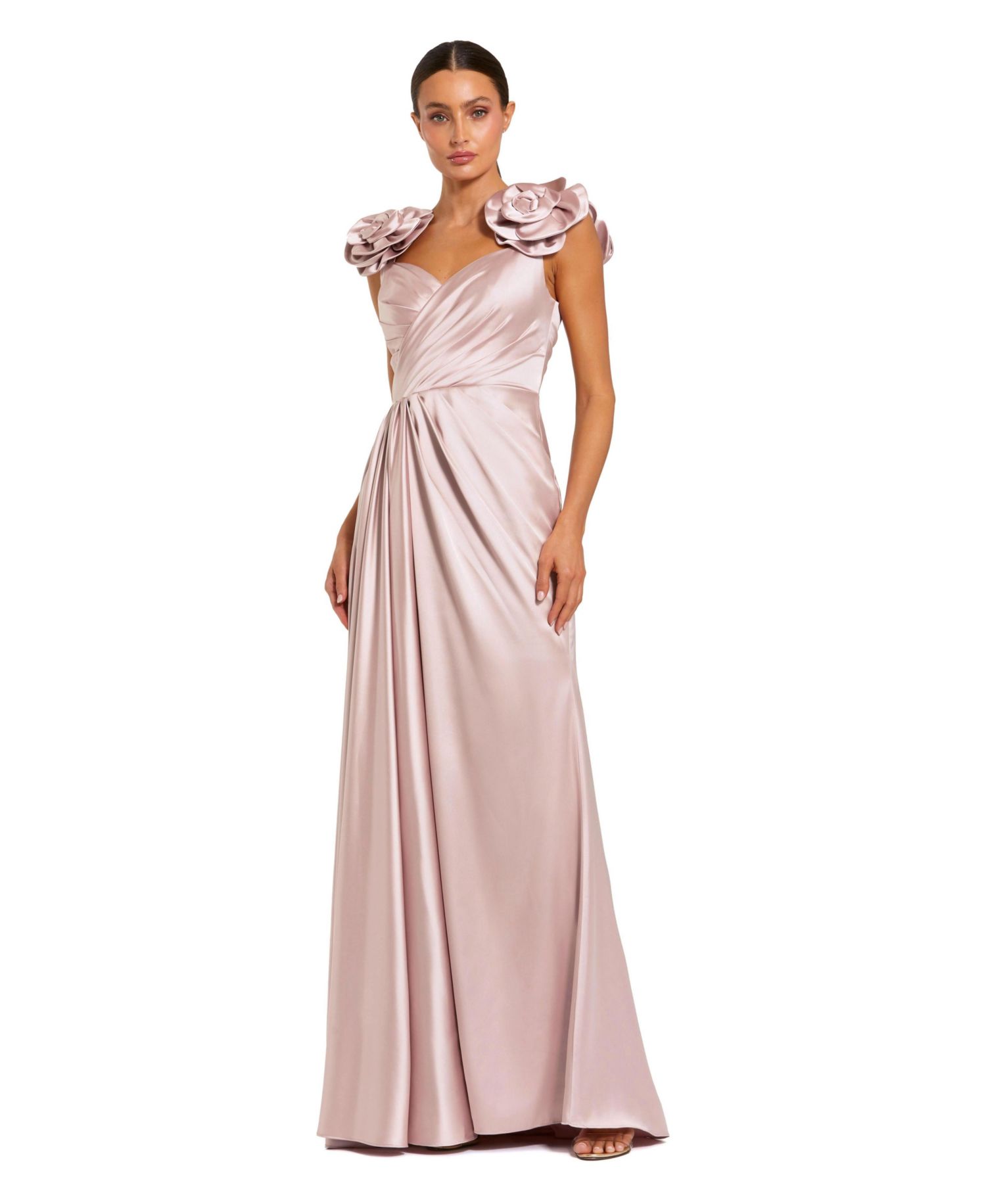 Women's Faux Wrap Satin Gown With 3D Flower Straps
