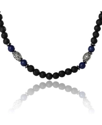 Men s Lava Rock & Lapis Beaded 22'' Necklace, Silver Tone Barrel Accents
