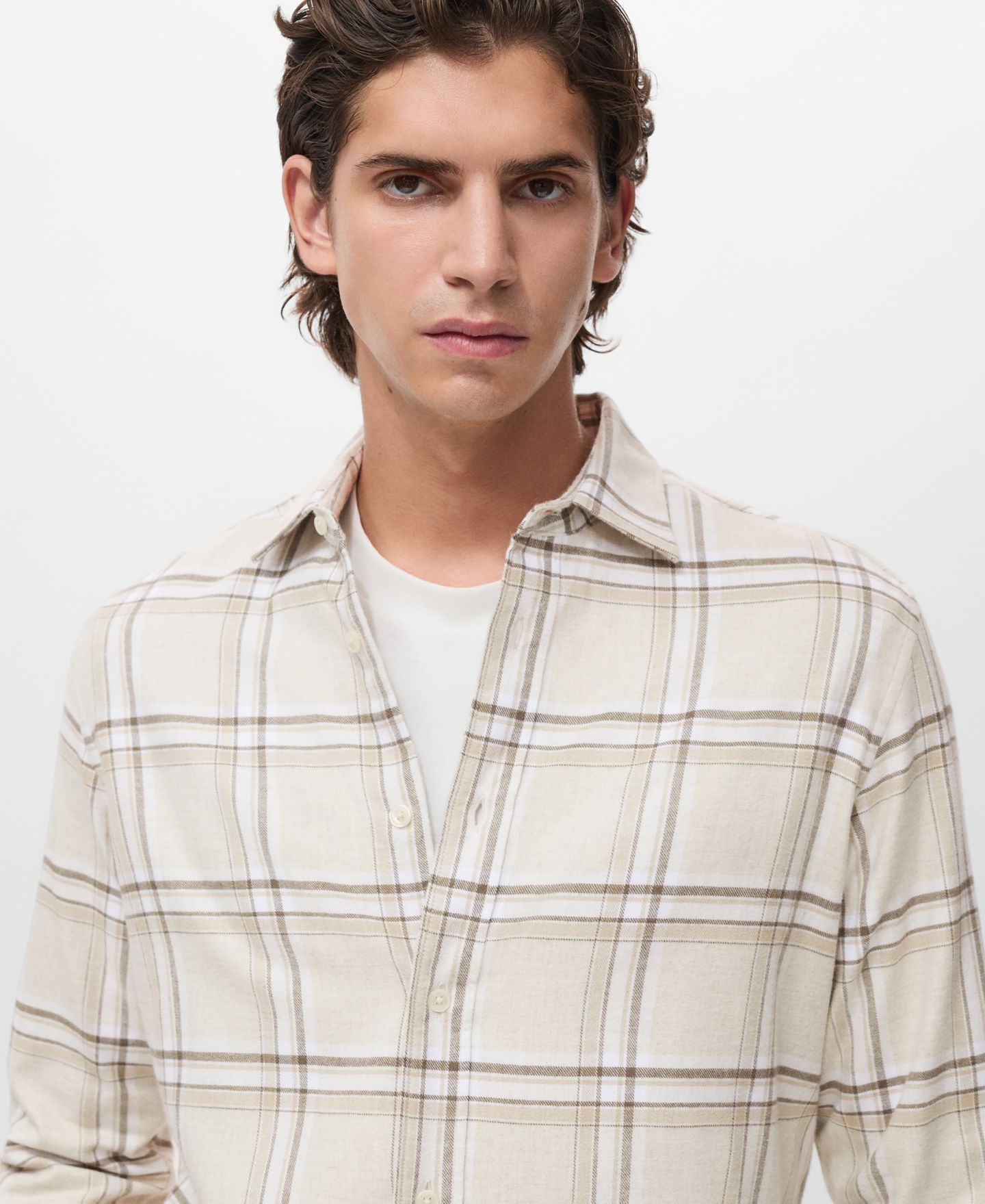 Мужская рубашка Mango Cotton Flannel Check Overshirt, цвет: Экрю — фото 5
