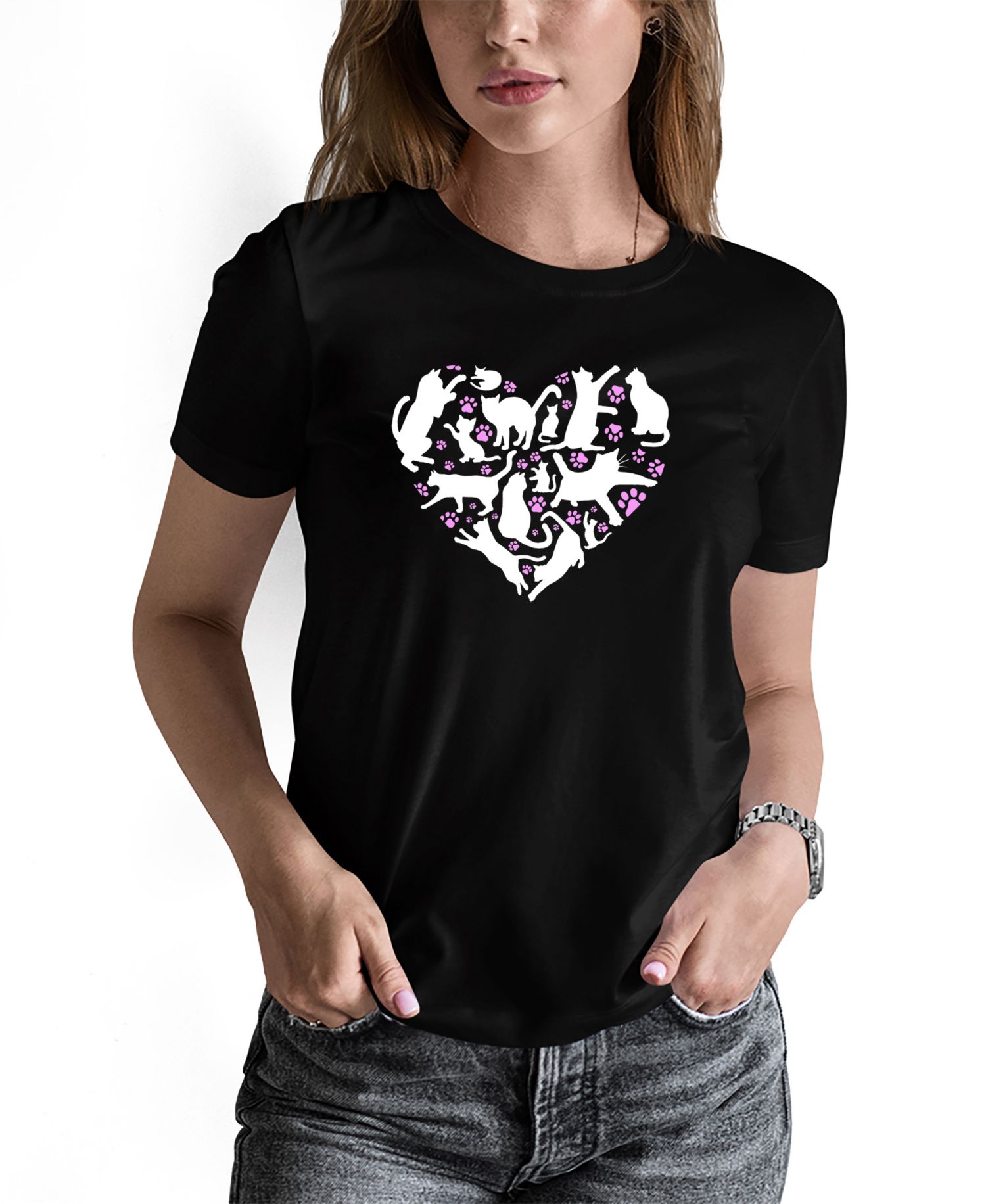 Women's Cat Heart Word Art Long-Sleeve T-Shirt