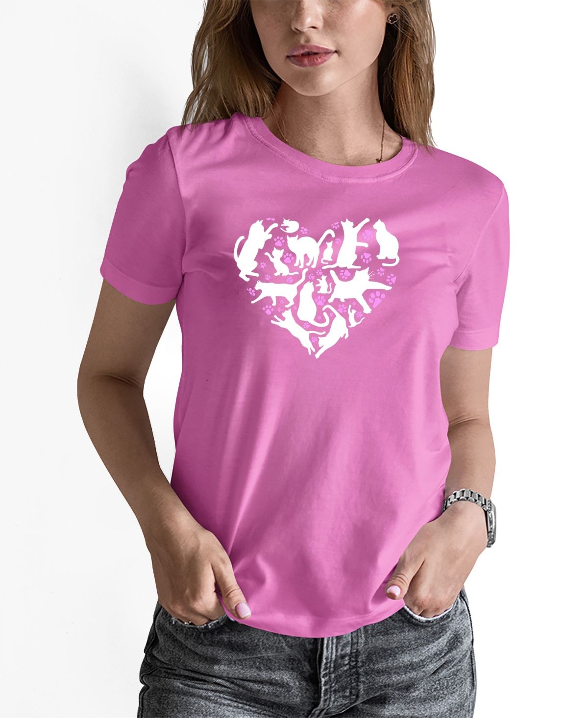 La Pop Art Women's Cat Heart Word Art Long Sleeve T-shirt In Pink