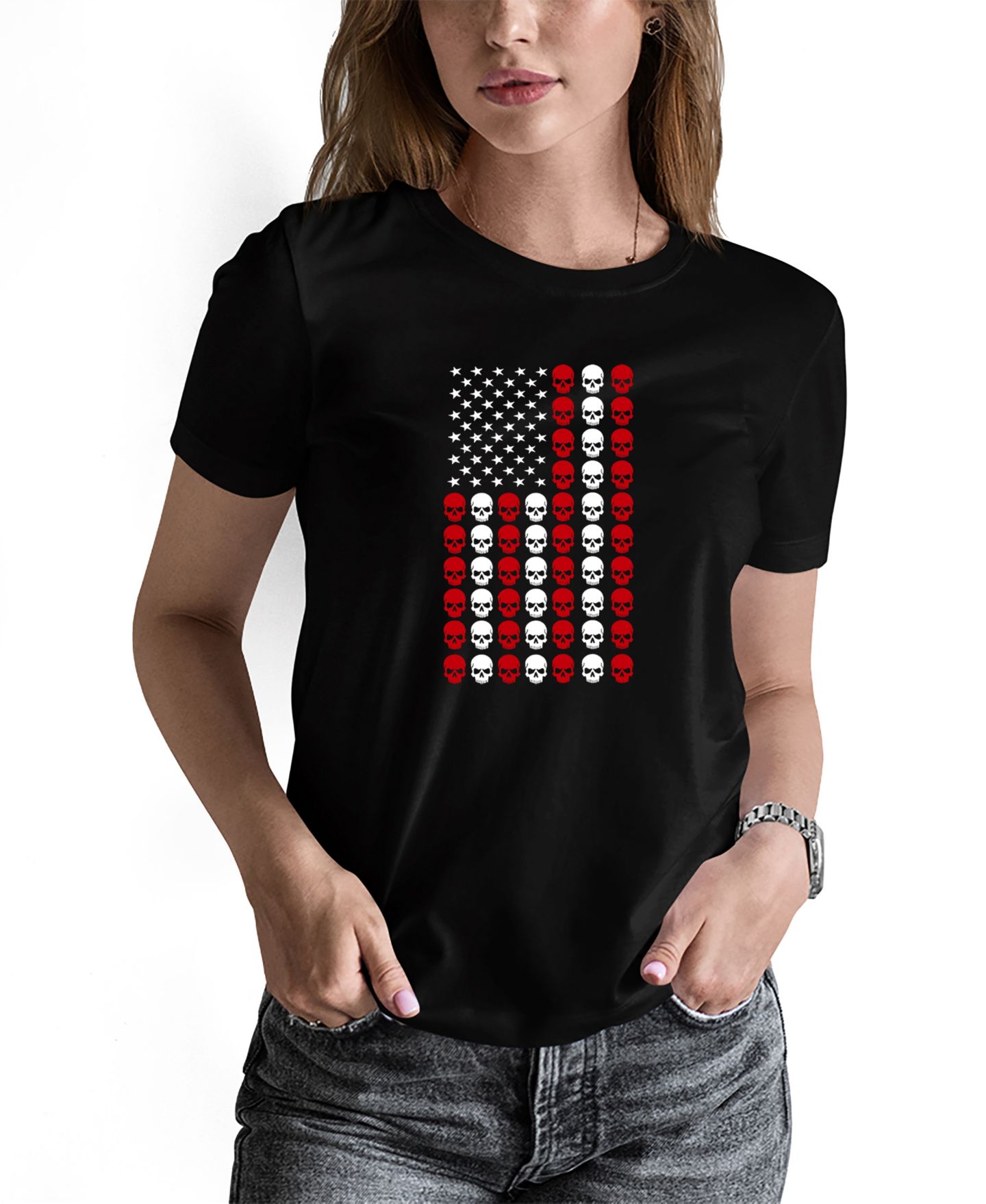 Женская футболка LA Pop Art Skull Flag Word Art Long-Sleeve, цвет: Чёрный — фото 1