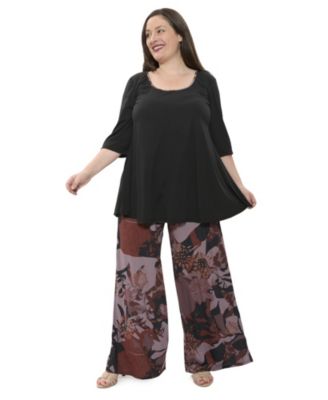 Plus Size Floral Print Scoop Neck Elbow Sleeve Tunic Swing Top and Pant Set