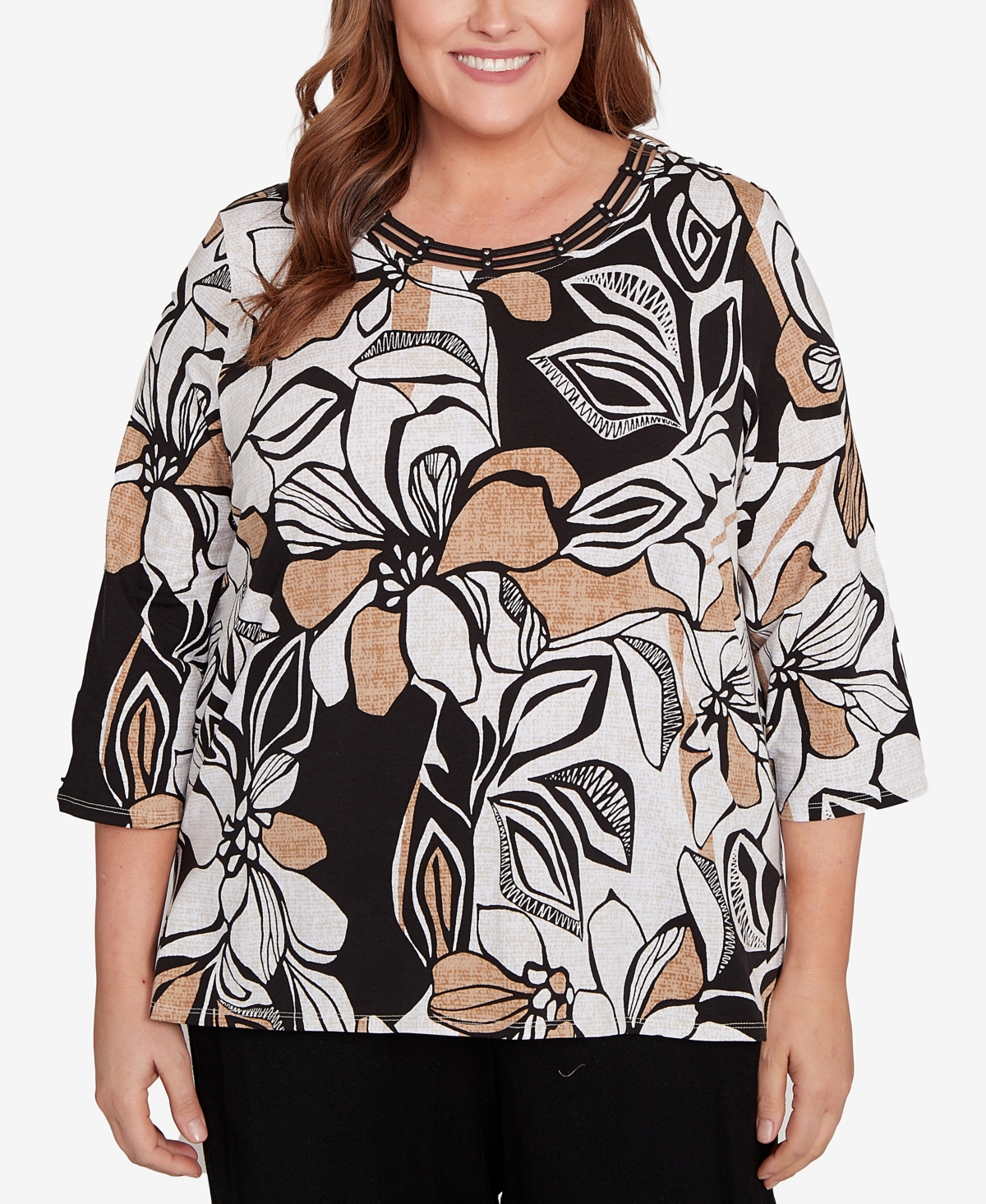 Alfred Dunner Plus Floral Leaf Embellished Top