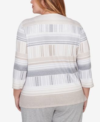 Plus Size Comfort & Joy Geometric Stripe Embellished Crew Neck Top