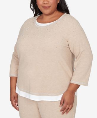 Plus Size Comfort & Joy Embellished Layered Hem Crew Neck Top