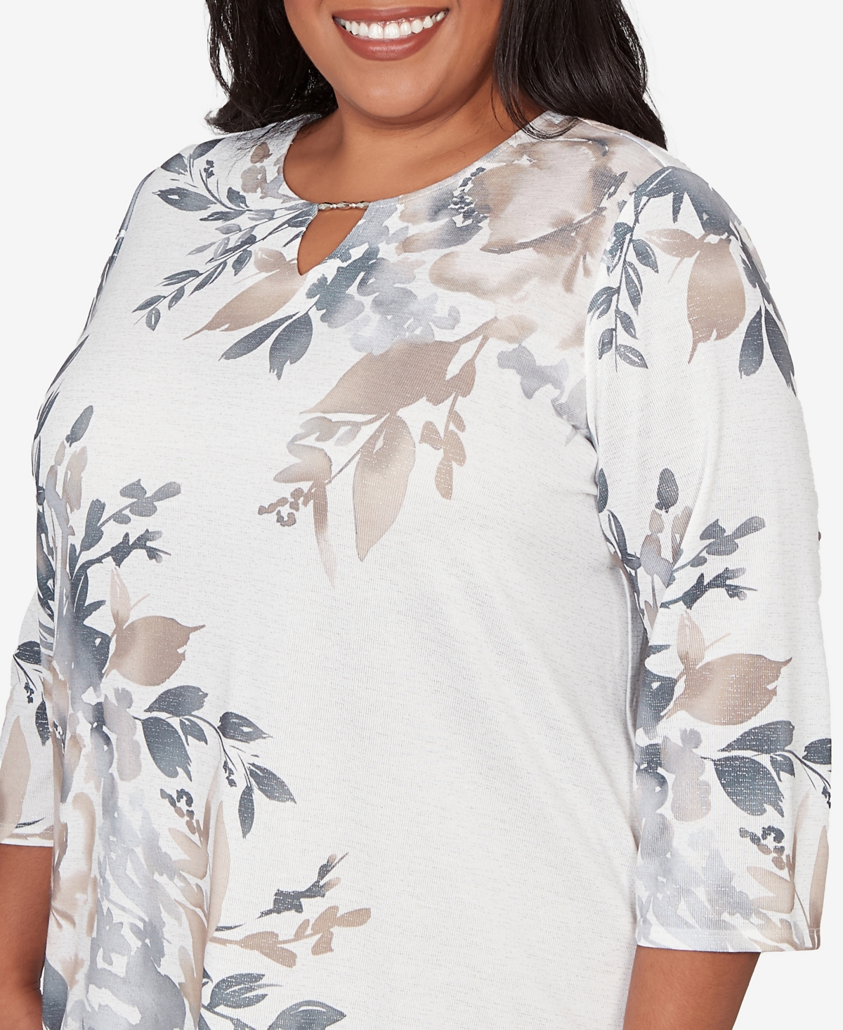 Alfred Dunner Plus Size Comfort & Joy Asymmetrical Floral Border Crew Neck Top In White