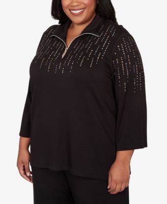 Plus Size Seville Heat Set Embellished Zip Mock Neck Top