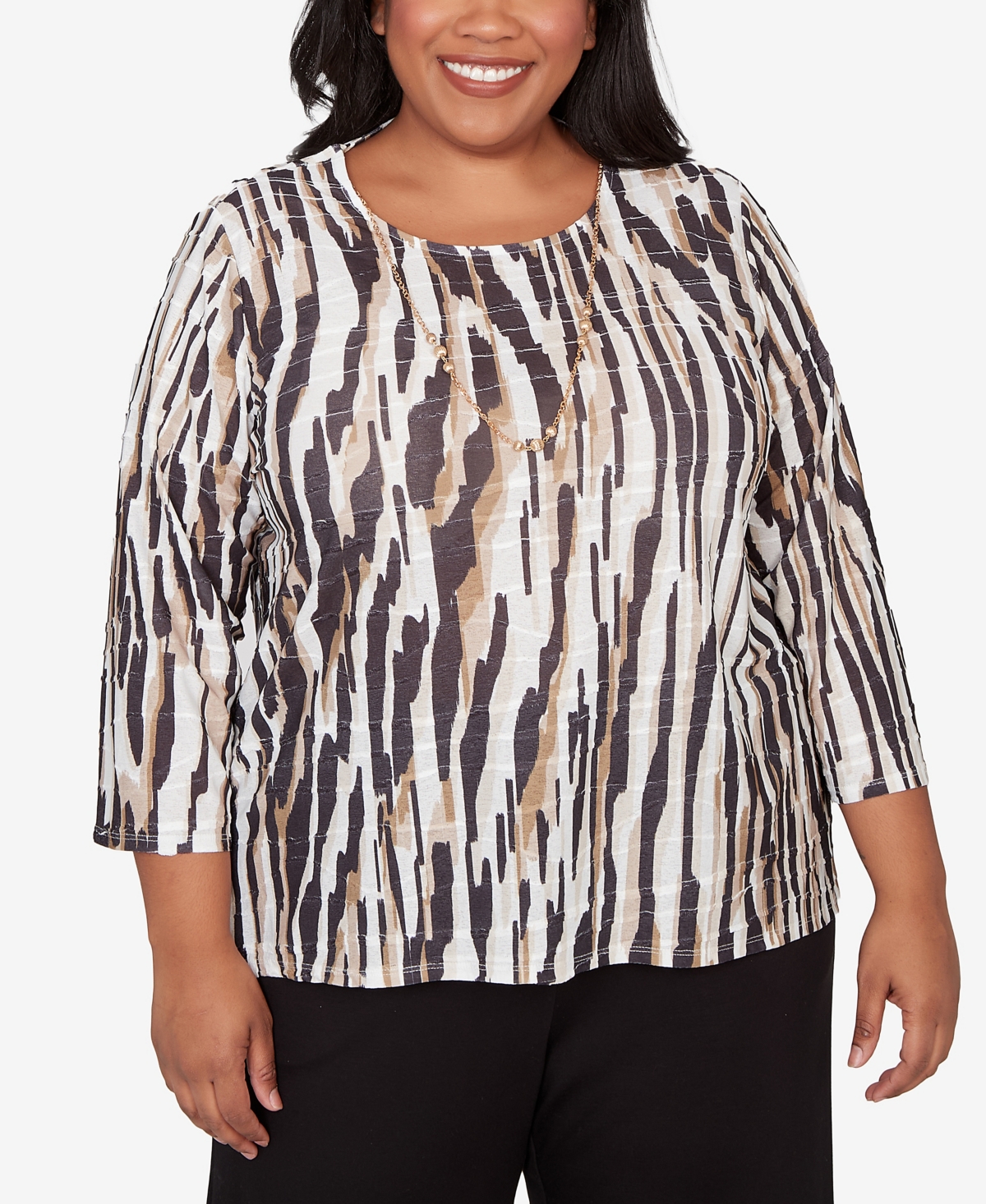 Alfred Dunner Plus Seville Animal Print Pleated Top with Necklace