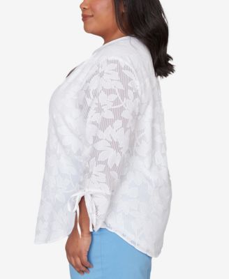 Plus Size St. Augustine Floral Jacquard Tie Sleeve Henley Top