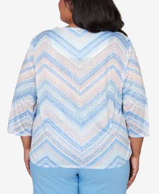 Plus Size St. Augustine Chevron Print Lace Trim Crew Neck Top