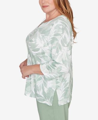 Plus Size St. Augustine Monotone Leaf Print Split Neck Top