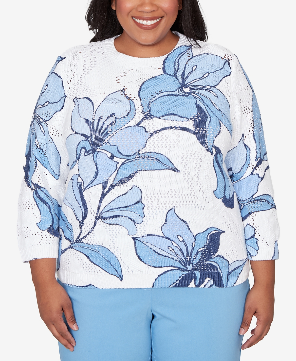 Alfred Dunner Plus Size St. Augustine Abstract Floral Print Ribbed Sweater In Multi