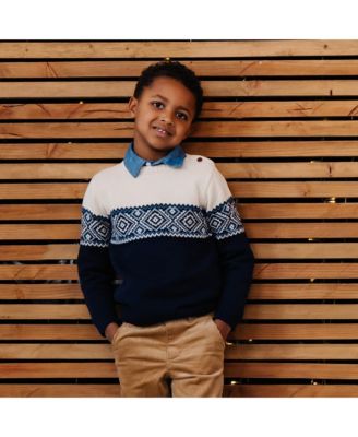 Baby Boys Long Sleeve Intarsia Crew Neck Pullover Sweater with Buttons