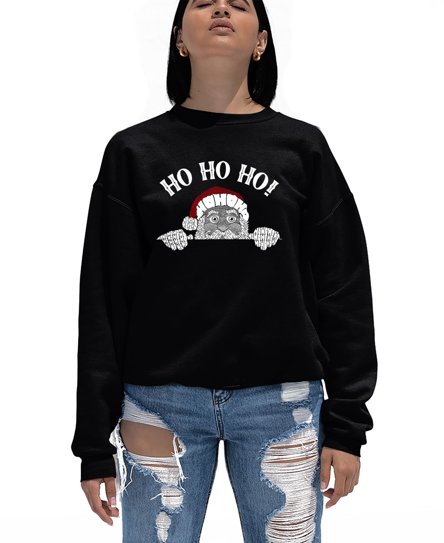 Women's Peeking Santa Word Art Crew Neck Sweatshirt