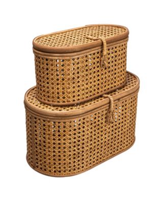 Modern Decorative Oval Woven Rattan Storage Boxes, Set of 2 Sizes, Dark Brown Finish