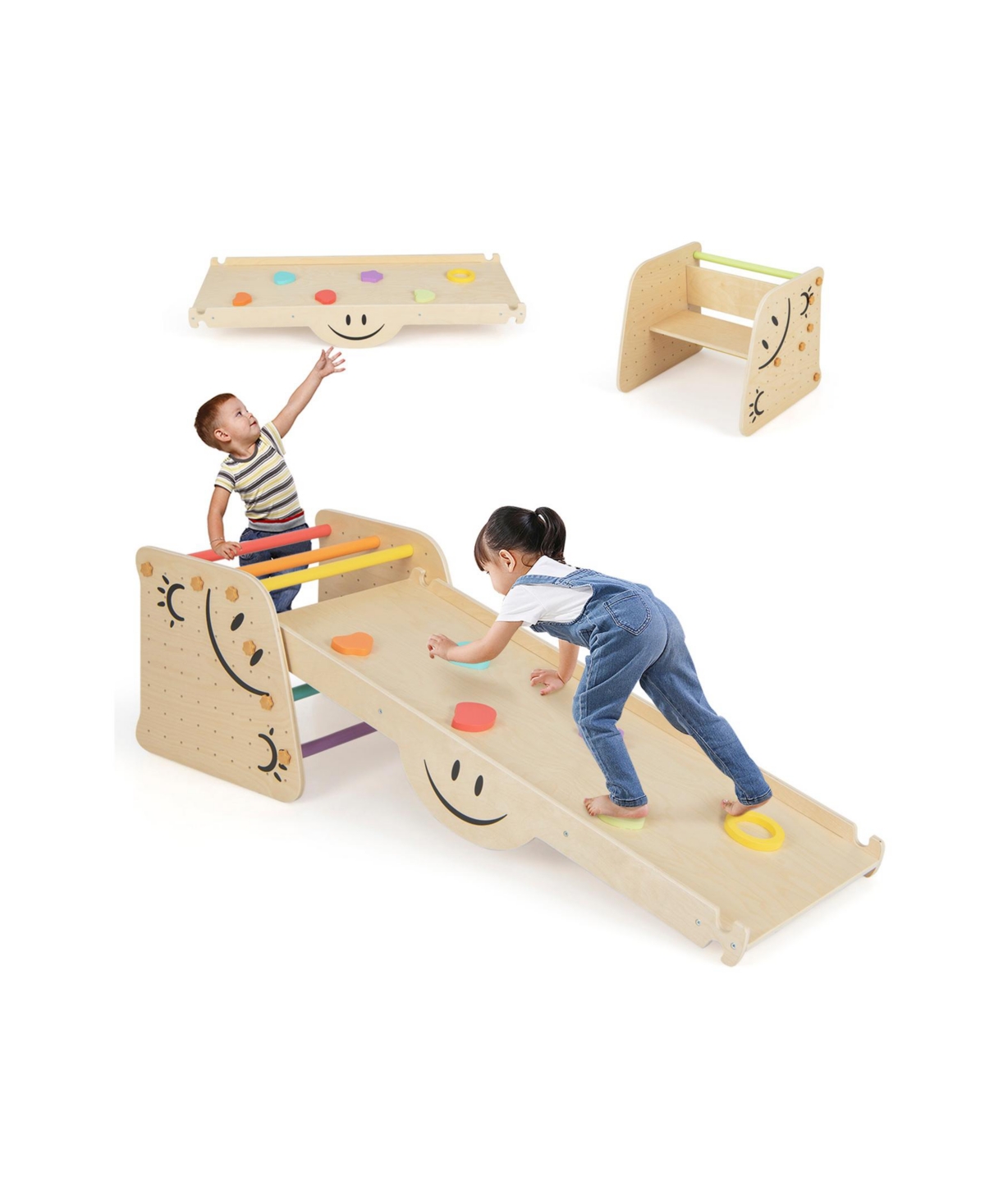 Sugift Wooden Climbing Toy Triangle Climber Set with Seesaw-Multicolor