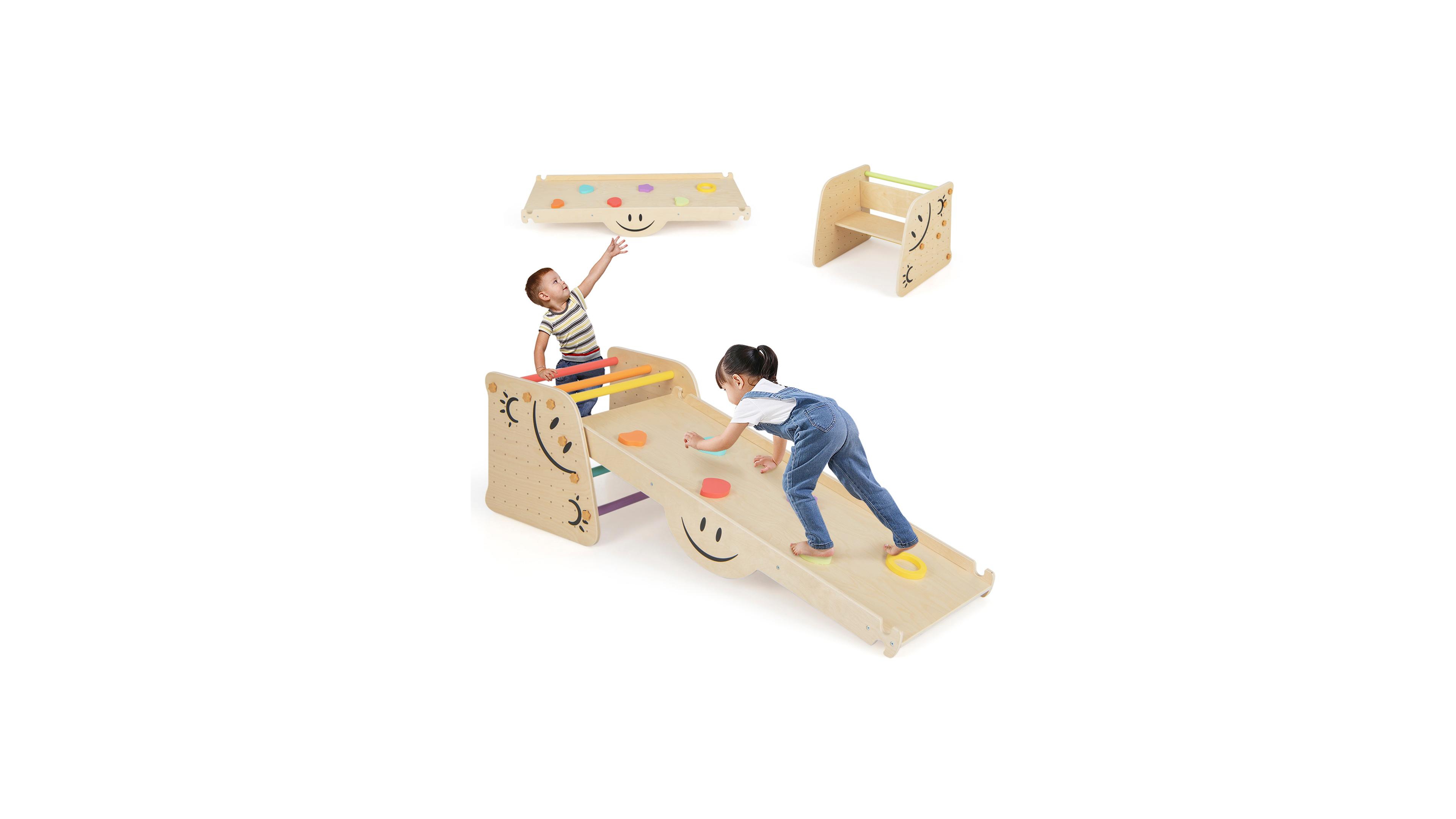 Sugift Wooden Climbing Toy Triangle Climber Set with Seesaw-Multicolor