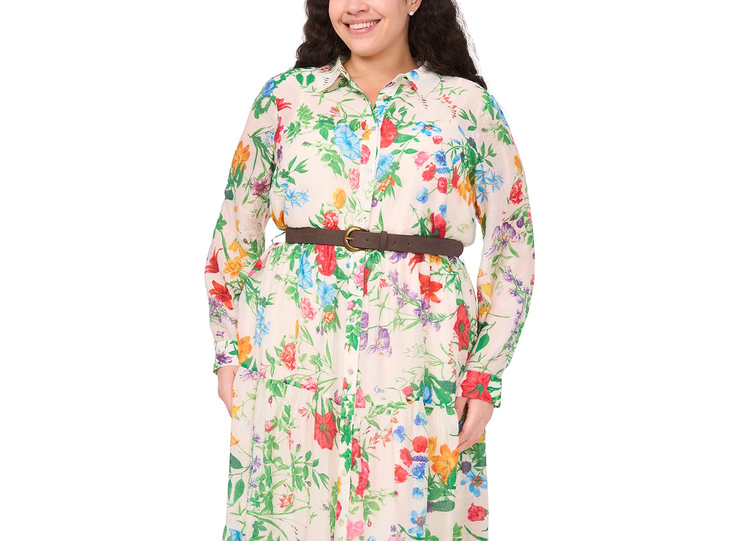 Plus Size Long-Sleeve Floral Print Belted Maxi Shirt Dress