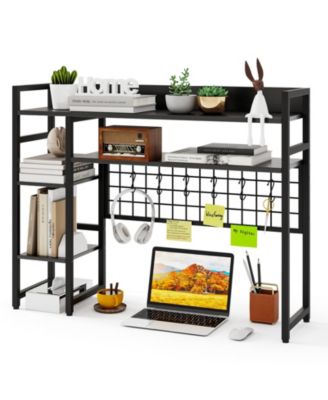 Desktop Organizer Rack with 4 Storage Tiers, Grid Wall Panel, and Hanging Hooks For Home Office or Study