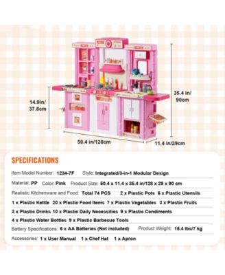 Kids Kitchen Playset, 3-in-1 Kitchen with Spray, Lights & Sounds, 74 PCS Cooking Accessories, Pretend Play Set for Kids